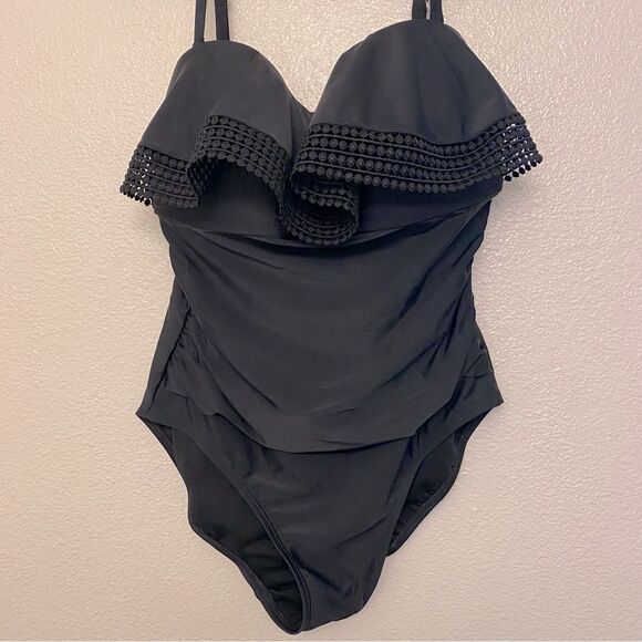 Kona Sol Black Crochet Flounce ruffle High Coverage One Piece Swimsuit L - Picture 2 of 11